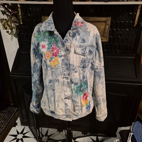 DG2 by Diane Gilman Jackets & Blazers - Retro Y2K Embroidered Sun Bleached Denim Jacket Diane Gilman 90s Tropical